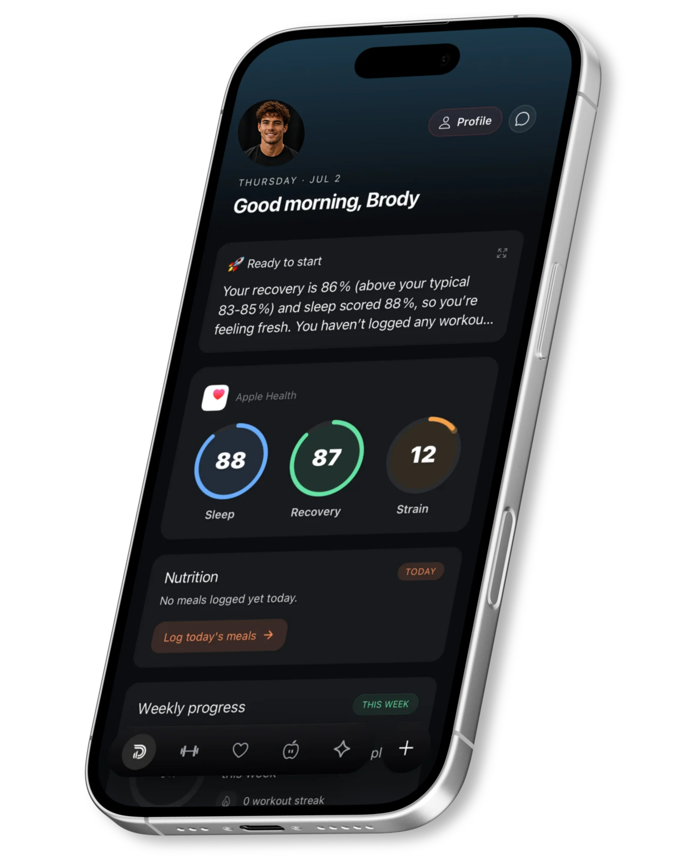 Athlete using the Demotu app to view assessments, programs, and progress in one place