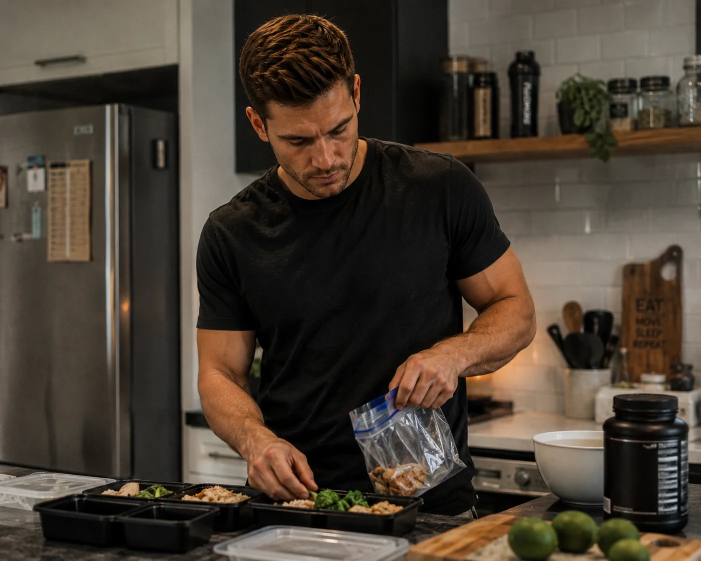 Coach preparing nutrition meal prep in a kitchen
