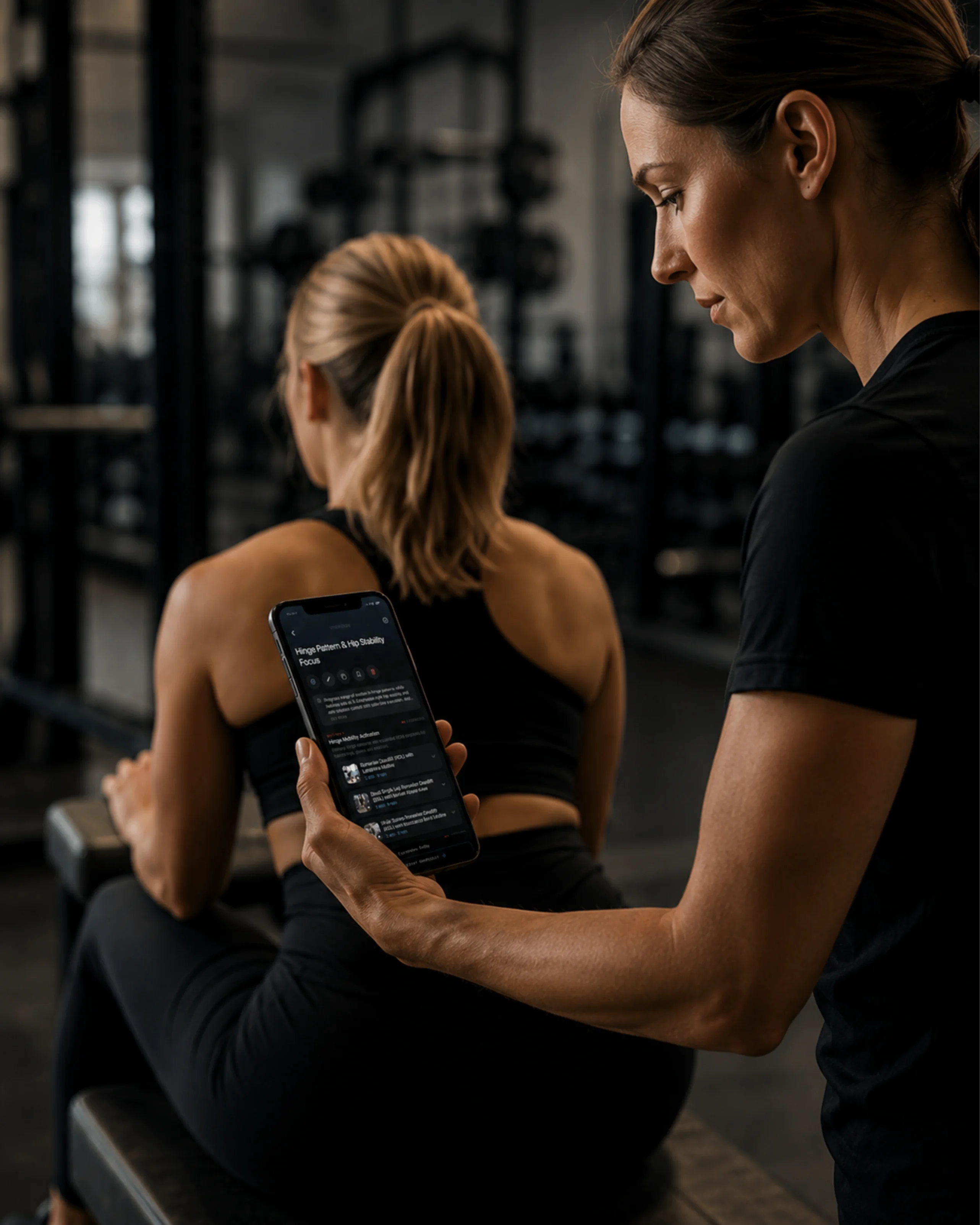 Coach training a client in a gym