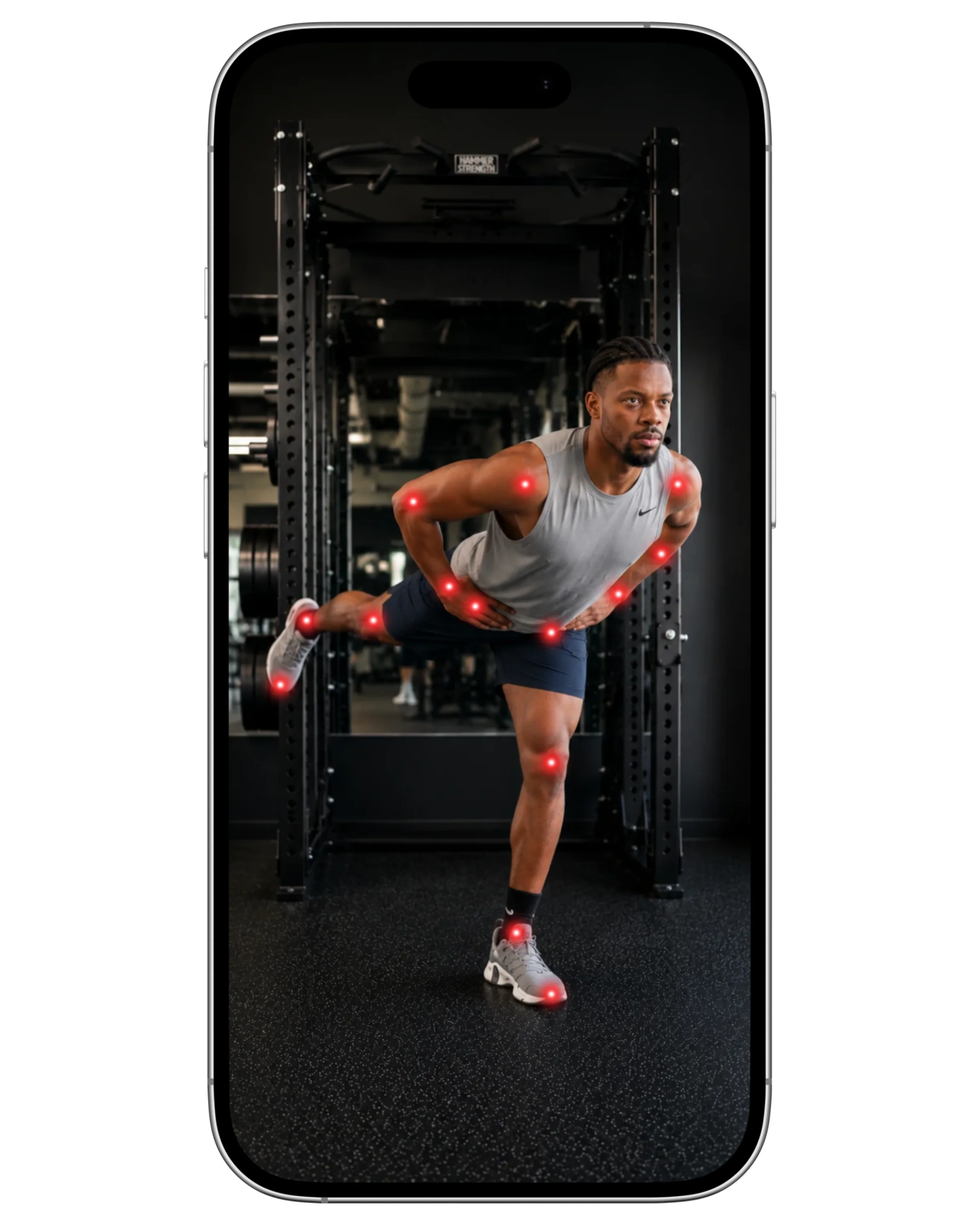 Athlete performing a movement assessment with 3D tracking points on an iPhone