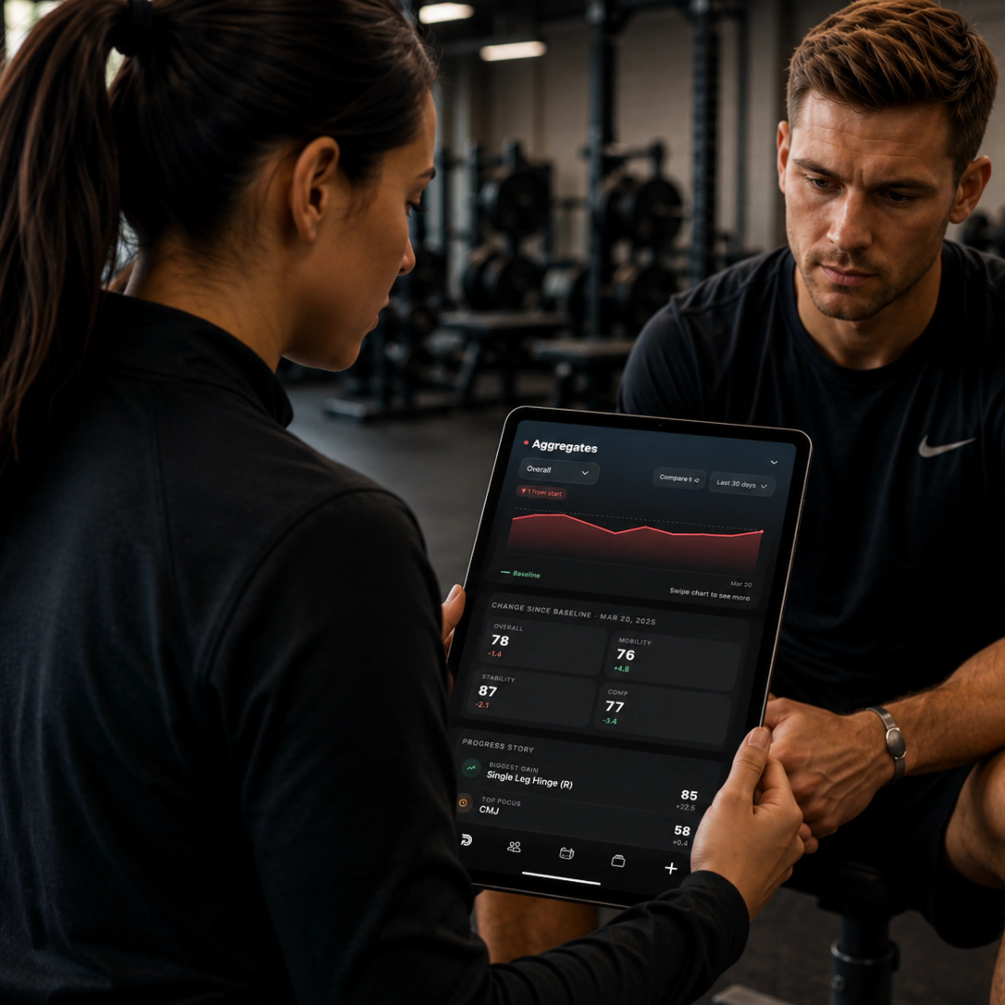 Coach reviewing an assessment report with a client on a tablet in a gym