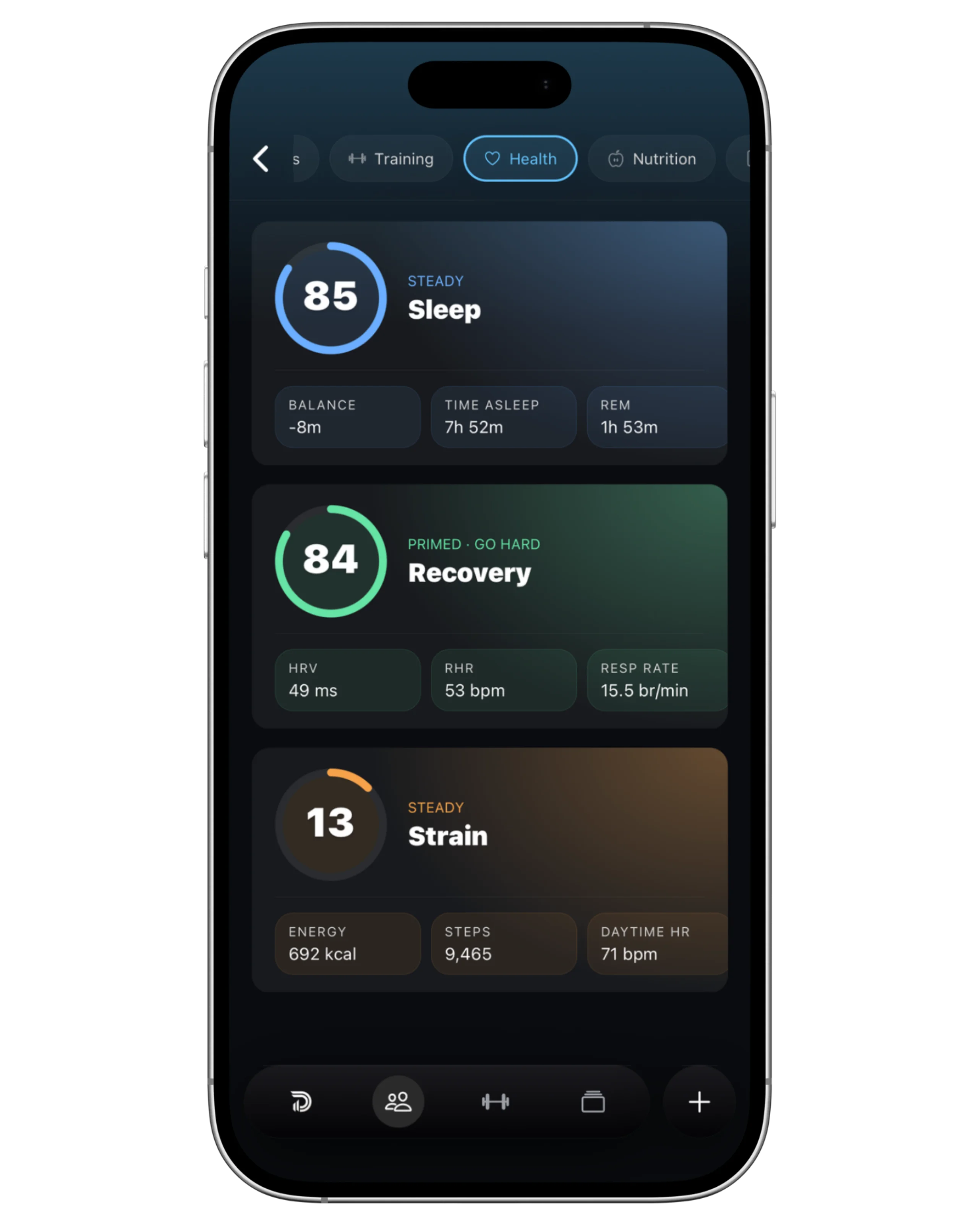 Demotu showing wearable recovery and readiness data on an iPhone