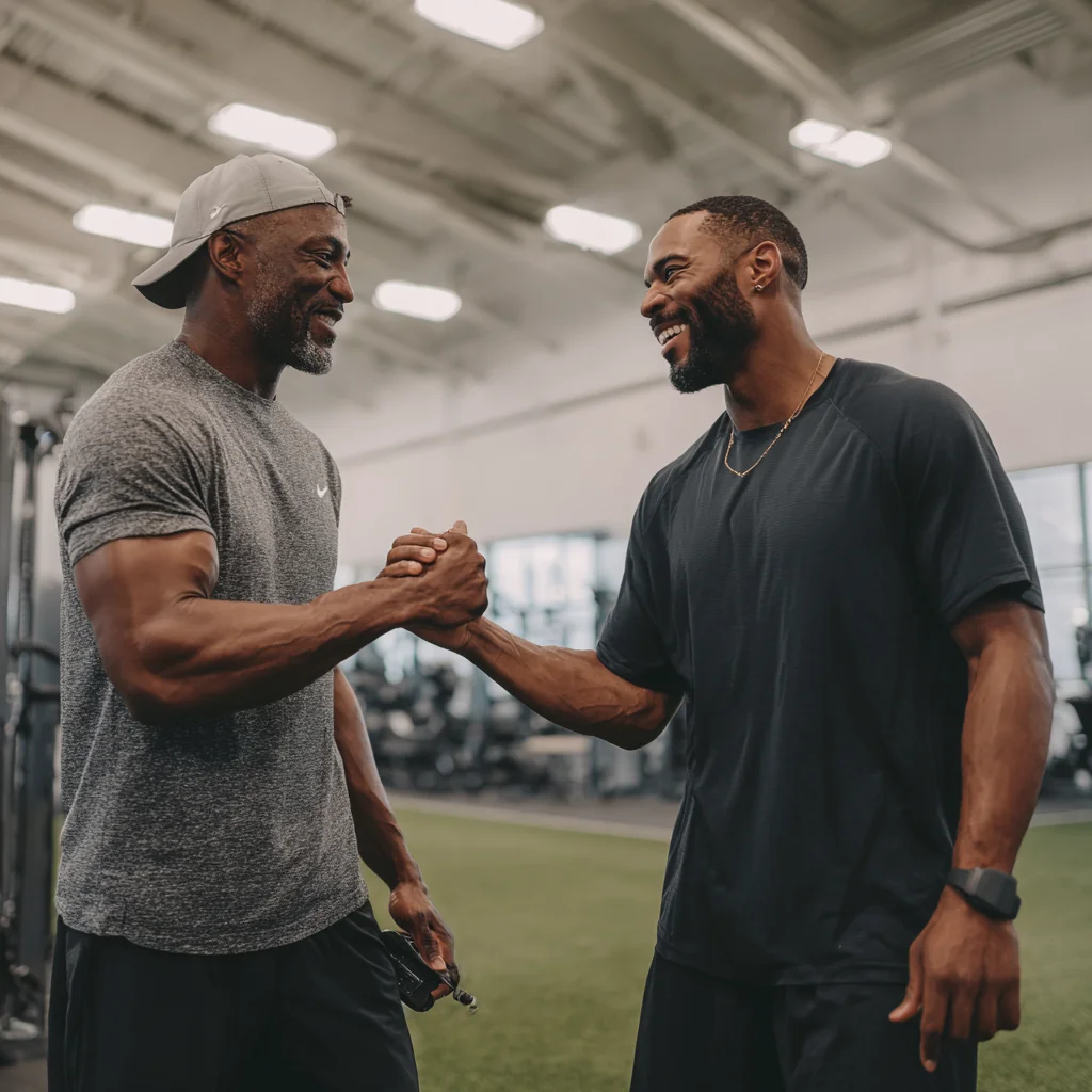 Coach fist-bumping an athlete in a performance gym
