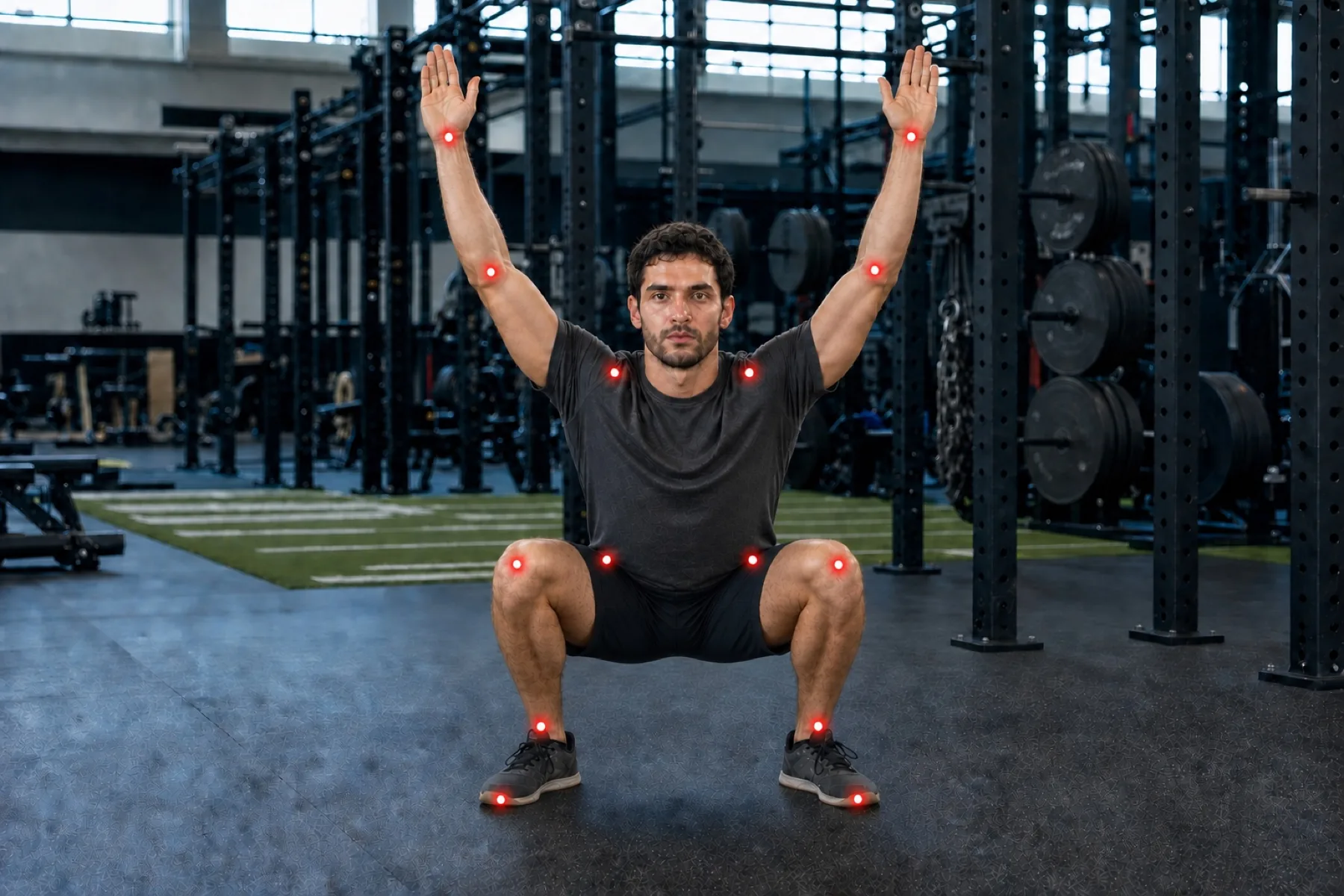 Athlete holding an overhead squat with Demotu tracking points on each joint